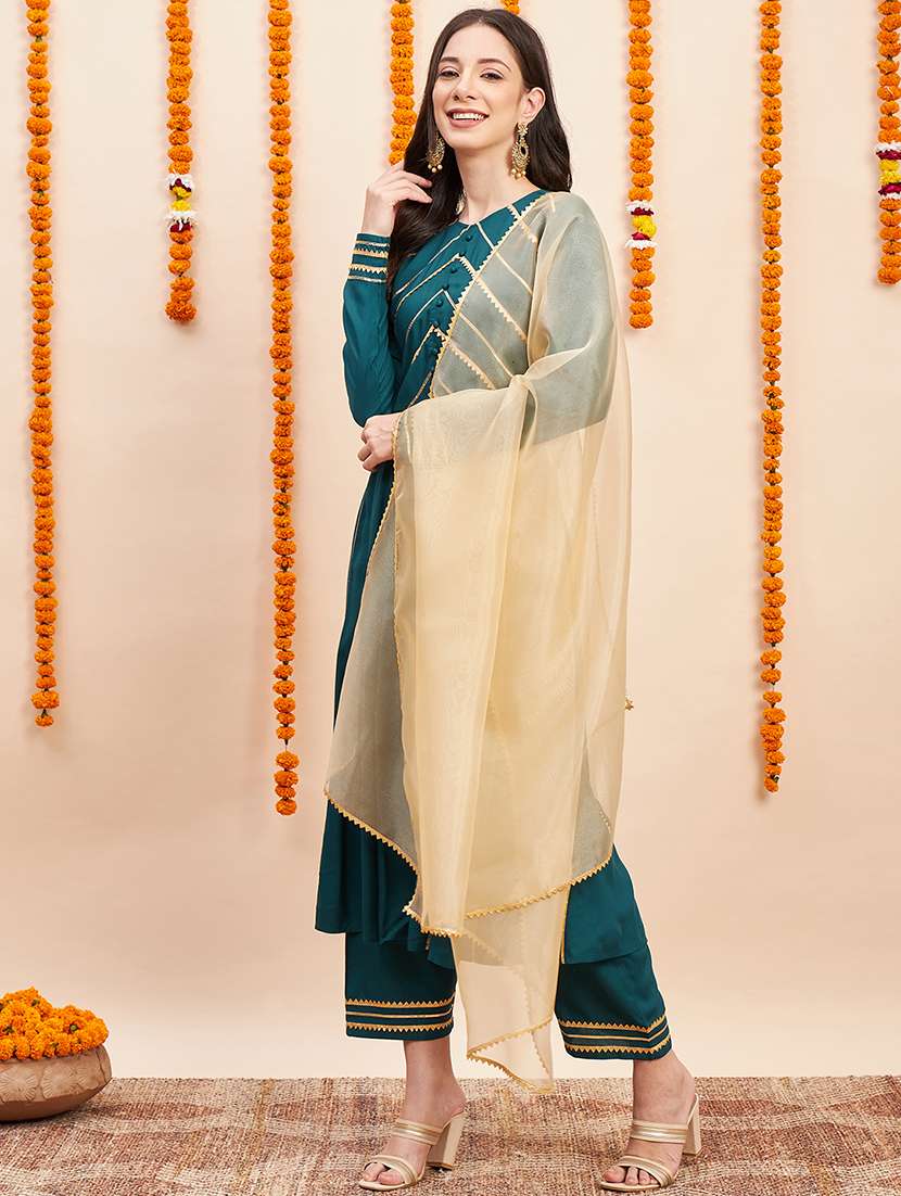 women teal round neck kurta palazzo set with dupatta - 20508711 -  Standard Image - 1