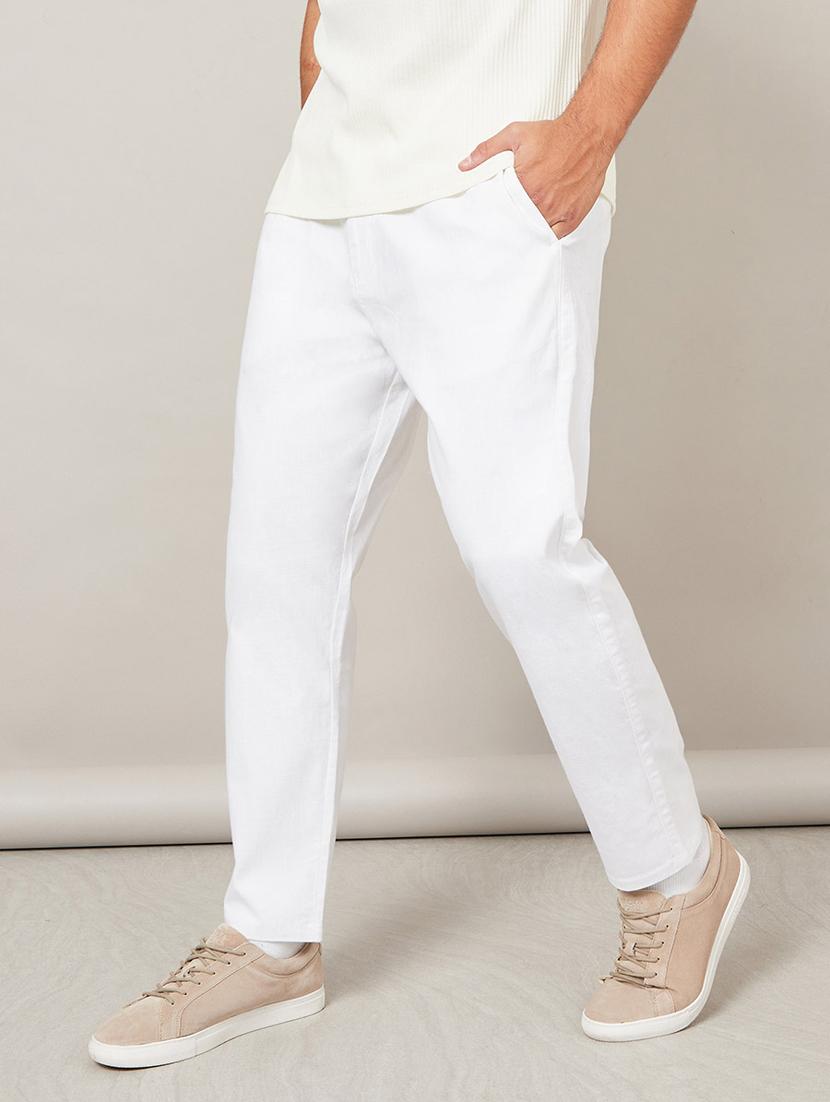 white cotton flat front casual trousers