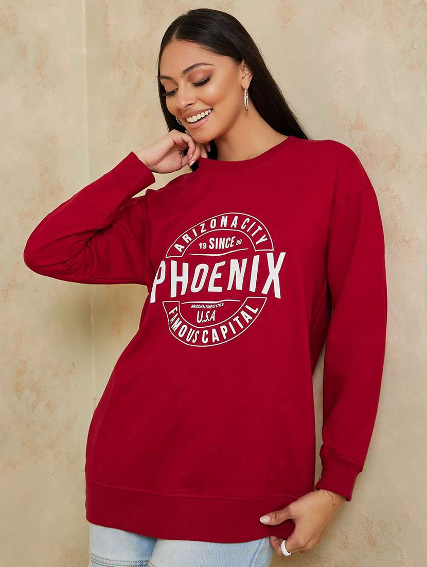 women red cotton typographic sweatshirt