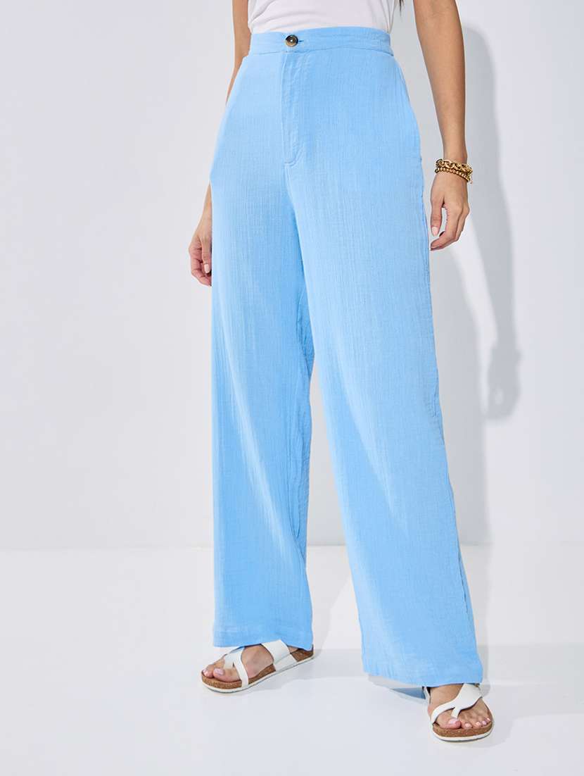 women light blue polyester flat front trouser