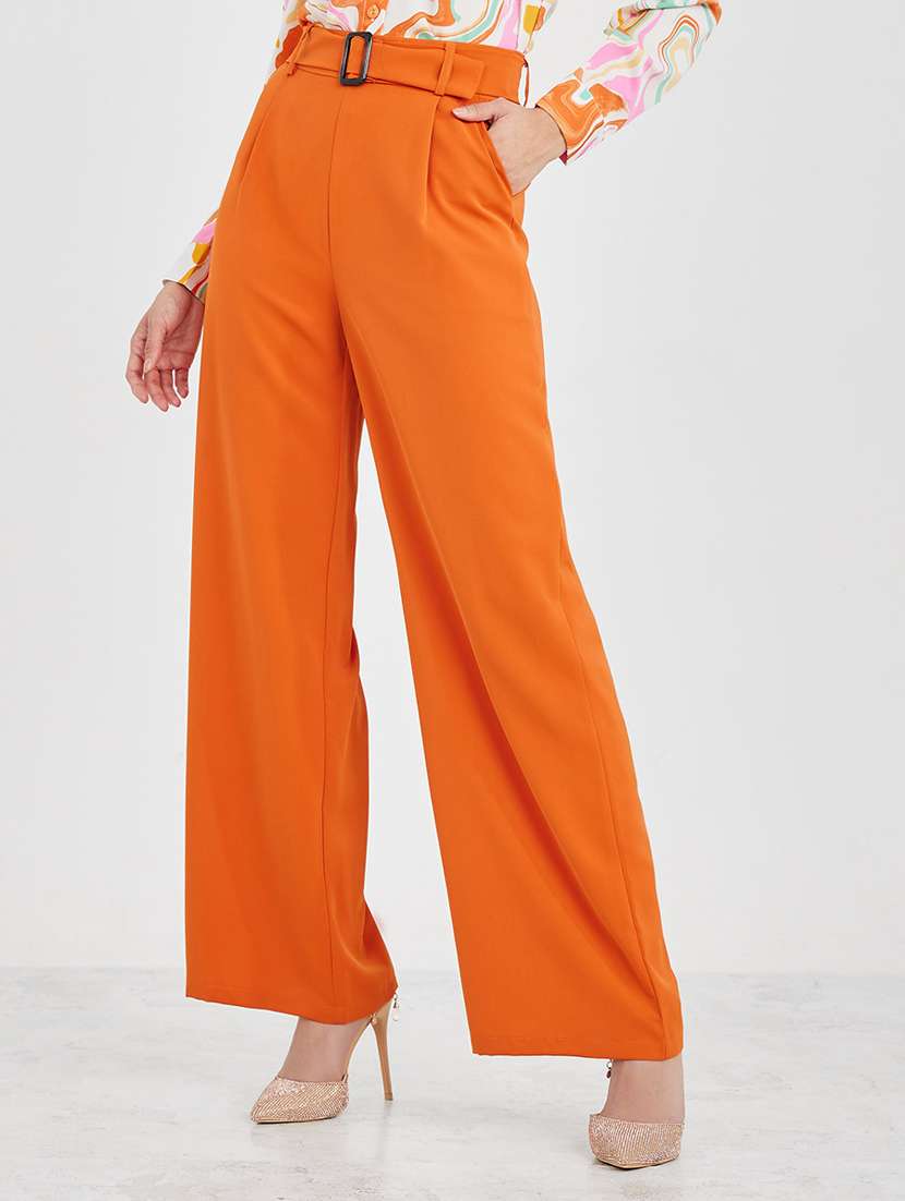 women mid-rise solid wide legtrouser