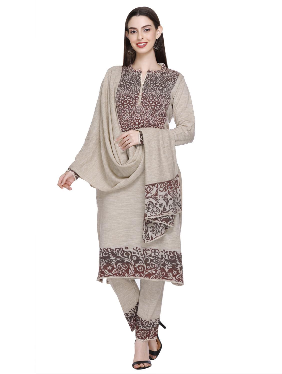 women self design wool suit set with dupatta