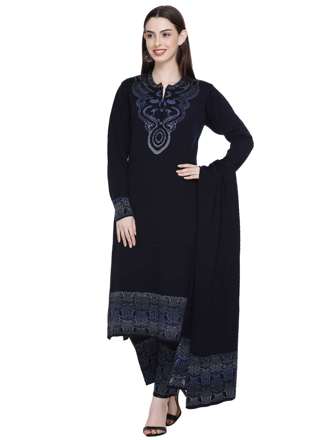 women self design wool suit set with dupatta
