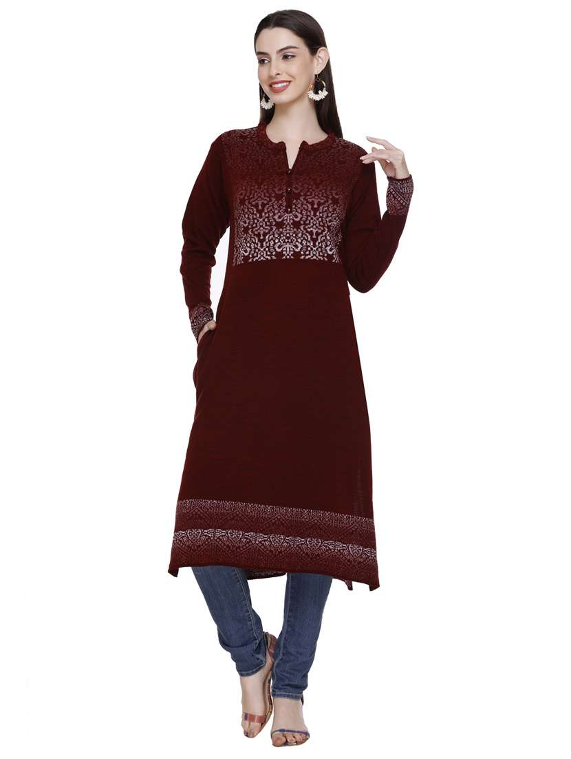 maroon self design woolen kurta - 20509522 - Standard Image - 1