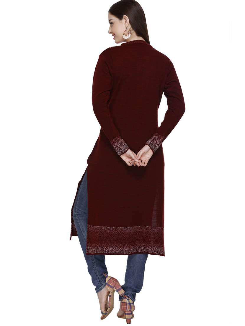 maroon self design woolen kurta - 20509522 - Standard Image - 4