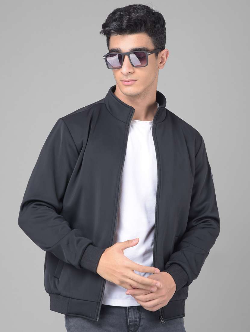 men solid black casual jacket