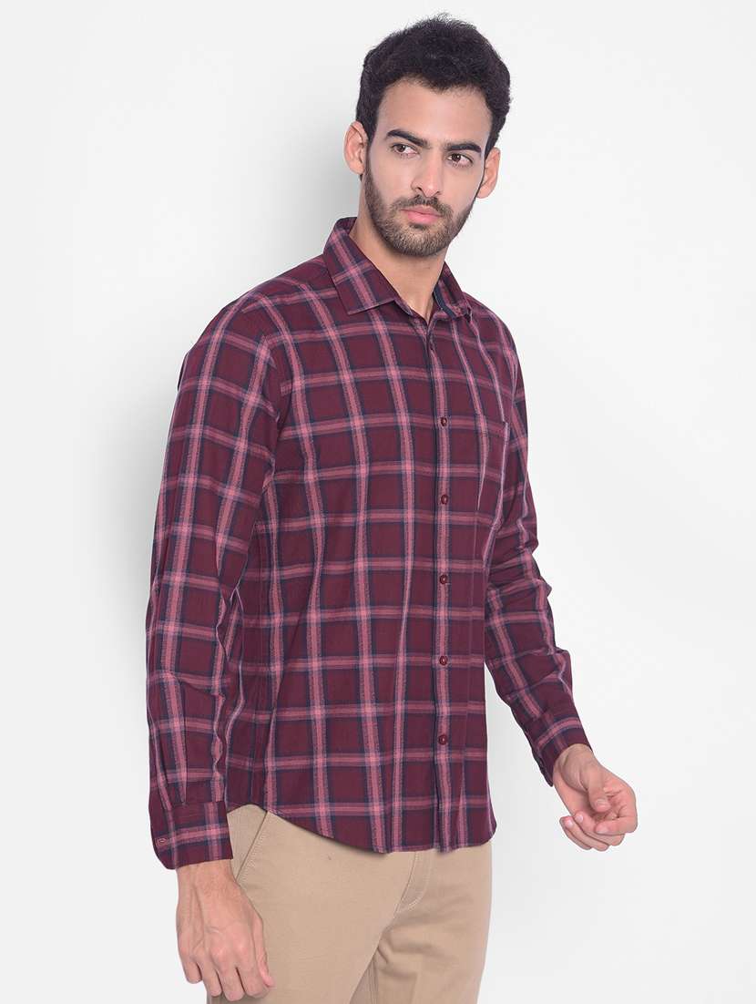 men checkered burgundy cotton casual shirt - 20509646 -  Standard Image - 1