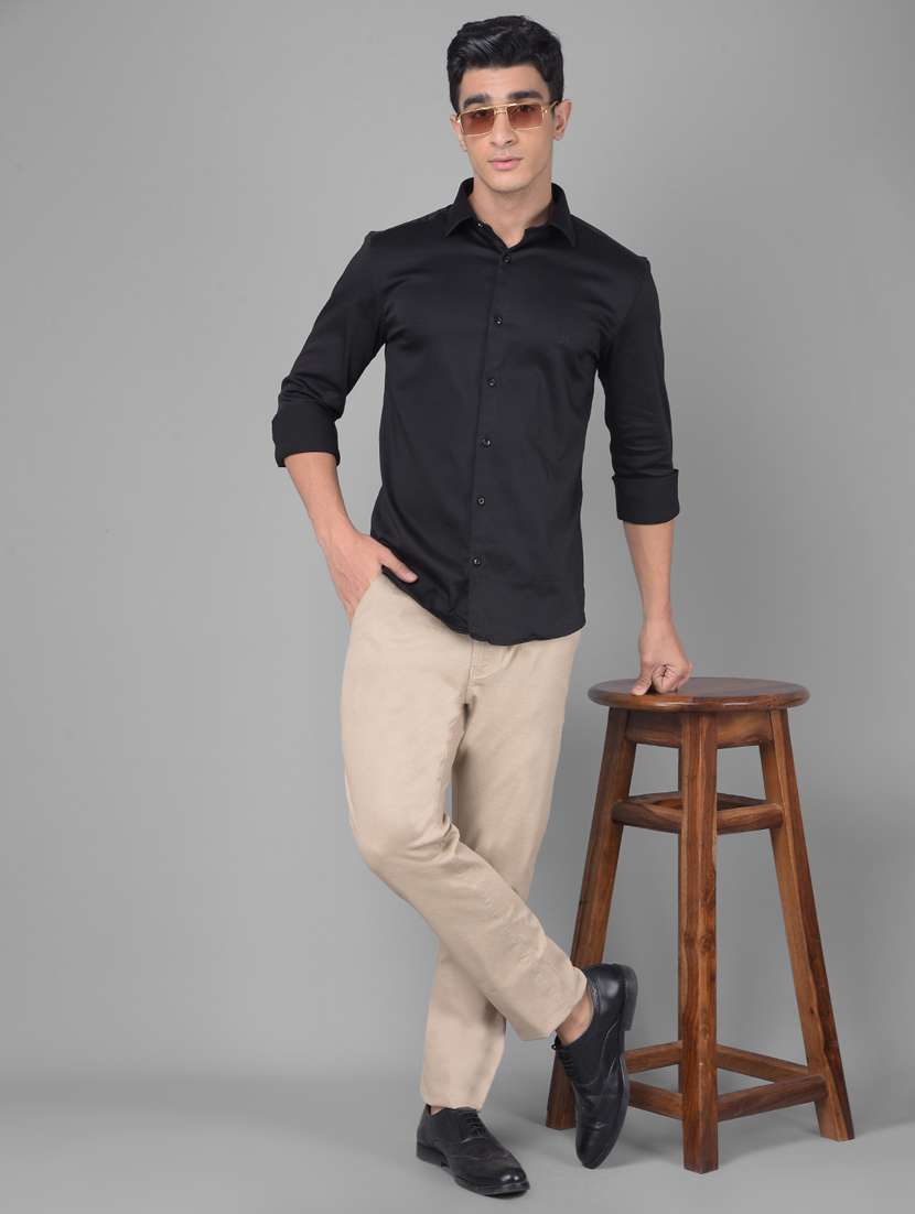 men solid black cotton blend slim fit casual shirt - 20509686 -  Standard Image - 4