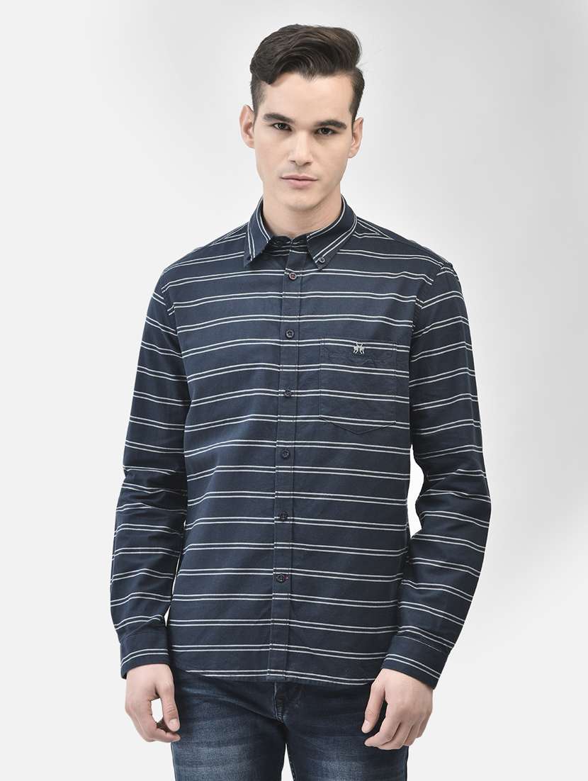 men horizontal striped navy blue cotton casual shirt
