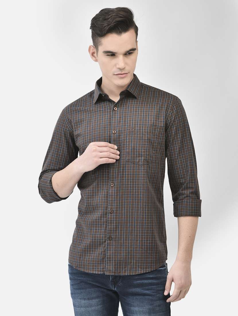 men checkered brown cotton slim fit casual shirt