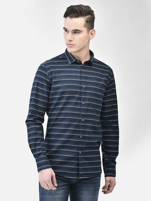 men horizontal striped navy blue cotton slim fit casual shirt - 20509731 - Standard Image - 0