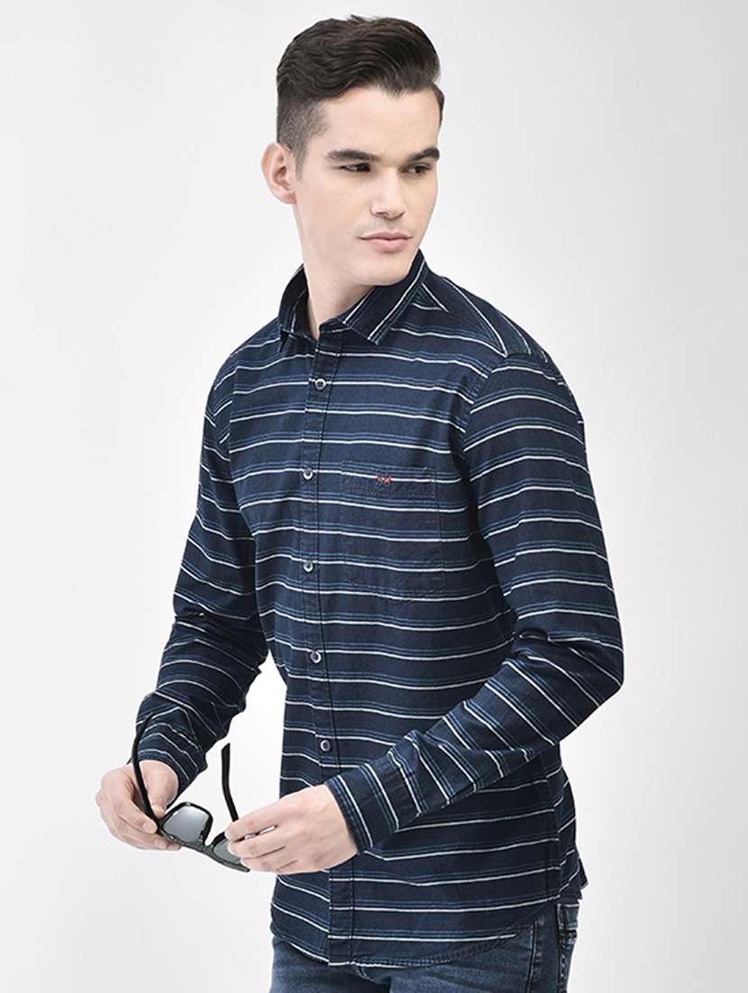 men horizontal striped navy blue cotton slim fit casual shirt - 20509731 - Standard Image - 1