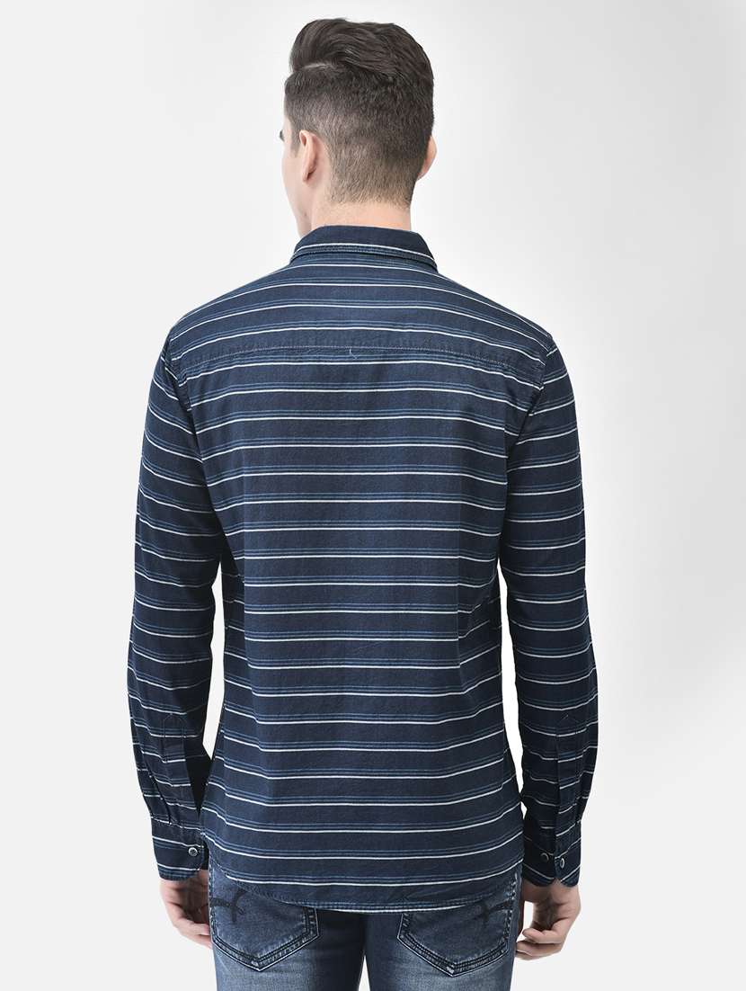 men horizontal striped navy blue cotton slim fit casual shirt - 20509731 - Standard Image - 4