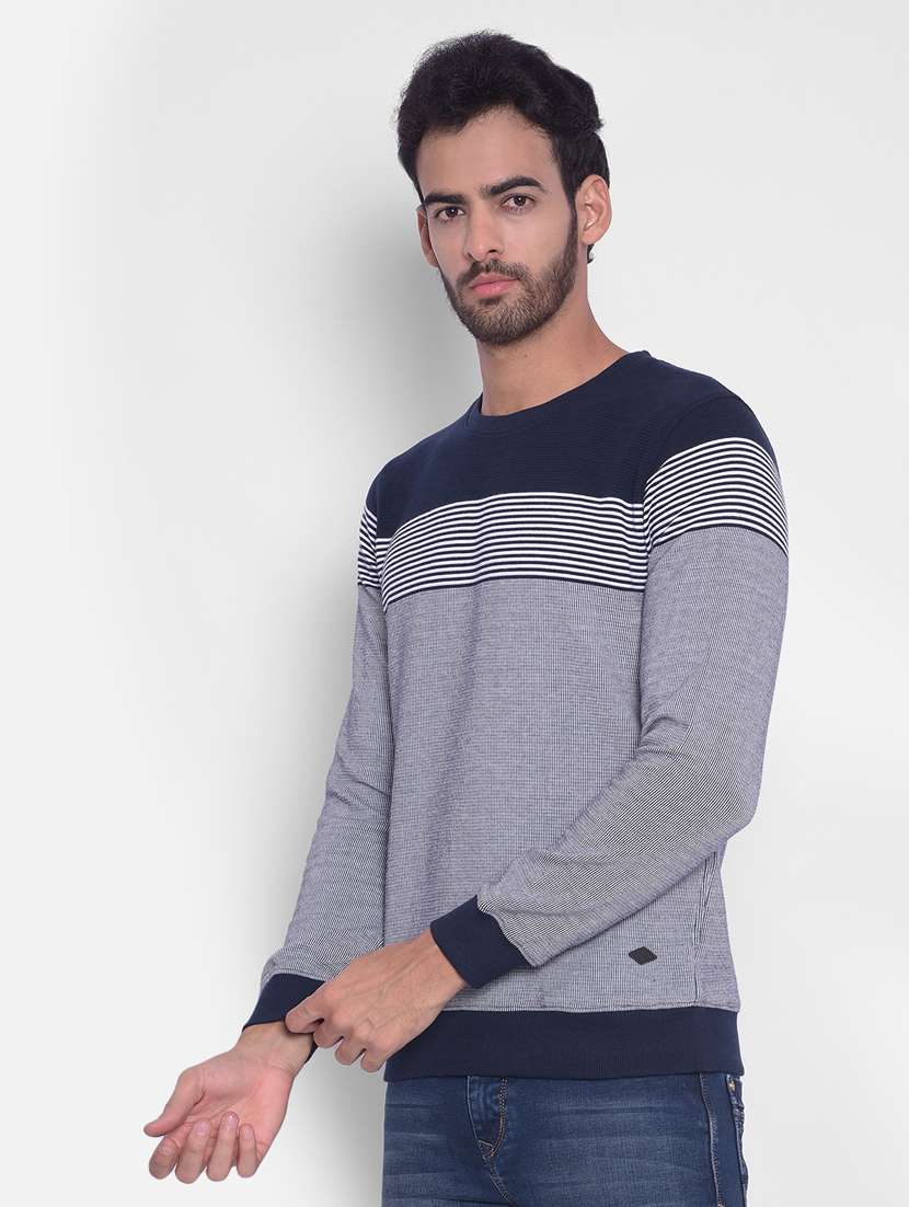 men striped navy blue cotton regular sweatshirt