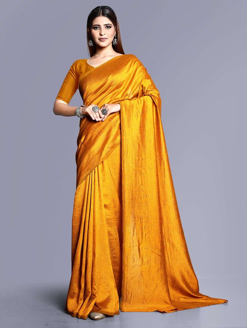 women's solid mustard colored saree with blouse