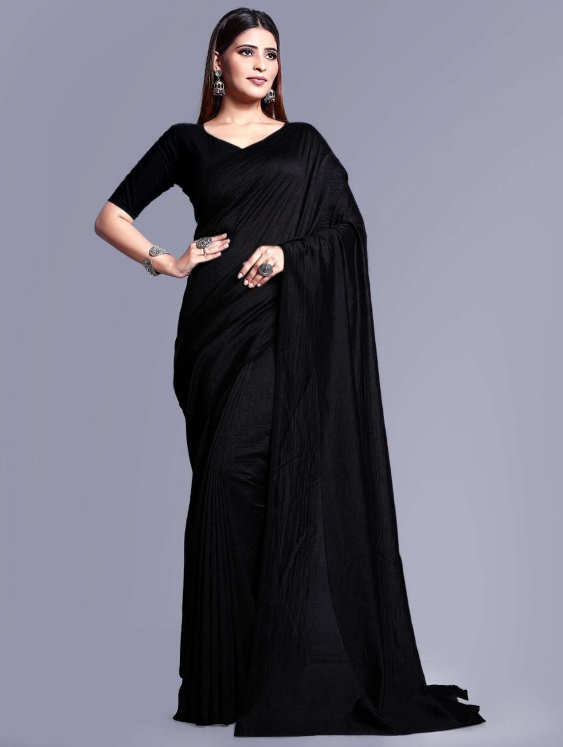 women's solid black colored saree with blouse