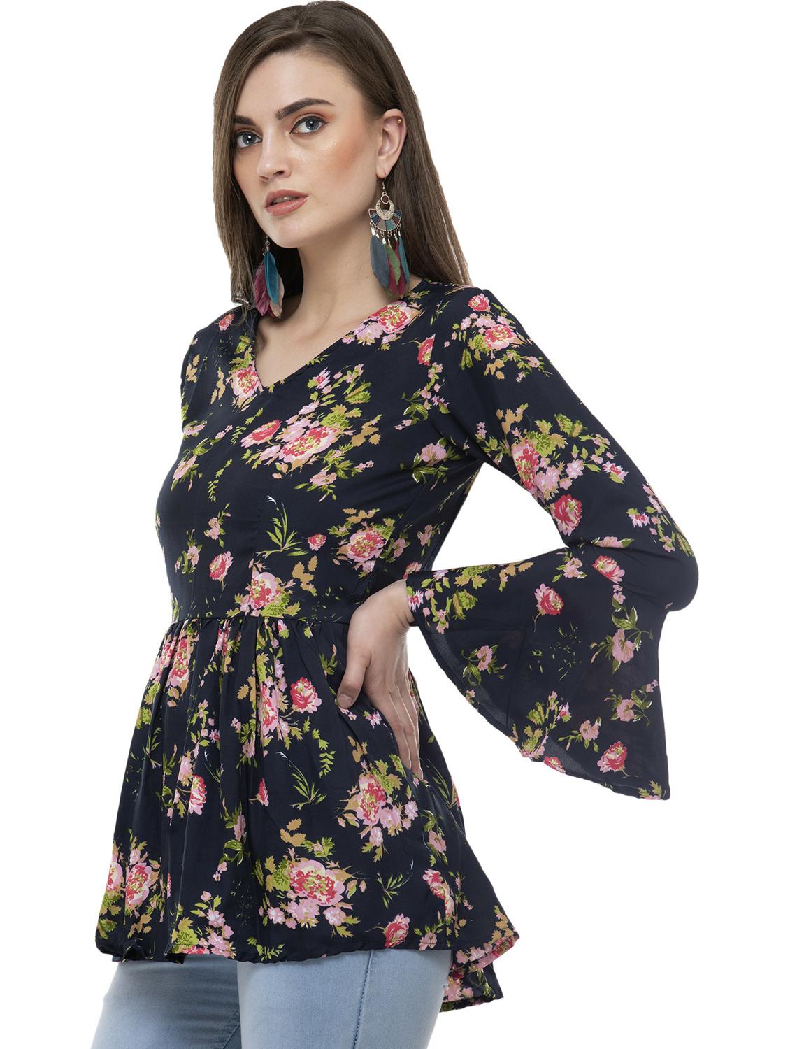 floral print bell sleeves peplum top - 20510349 - Standard Image - 1