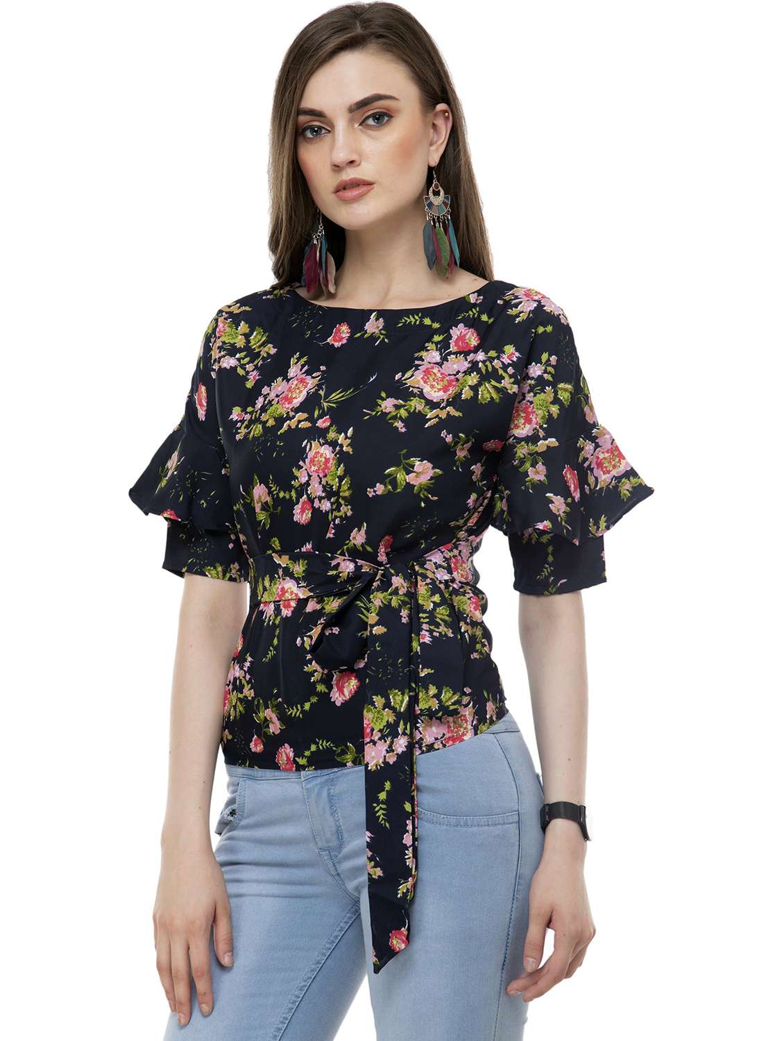 women floral print waist tie  top - 20510386 -  Standard Image - 1