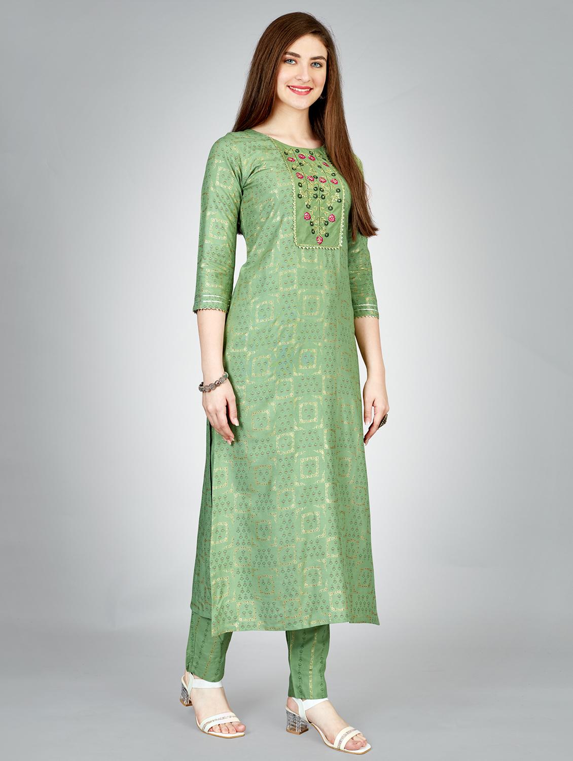 women green round neck kurta pant set - 20511202 -  Standard Image - 1