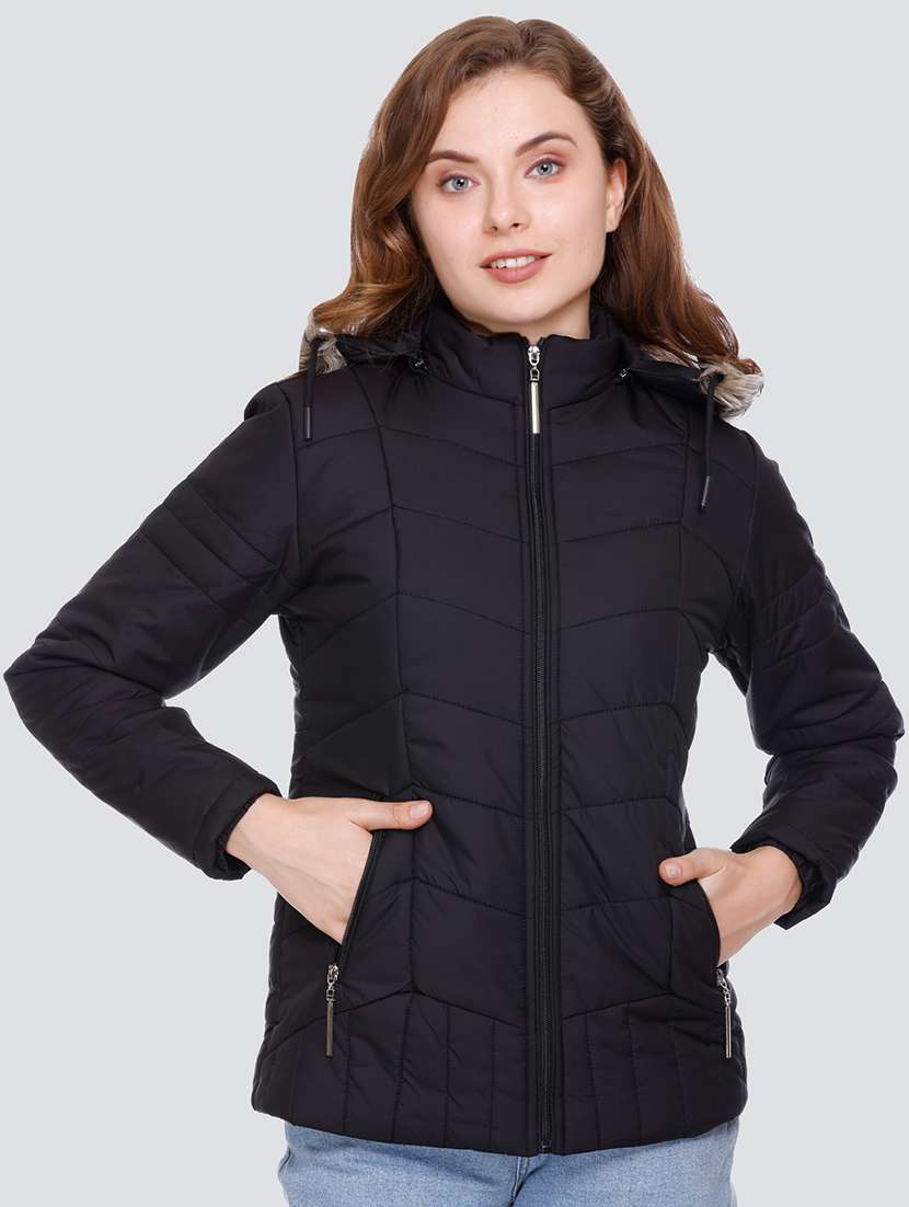solid hooded quilted jacket with pockets