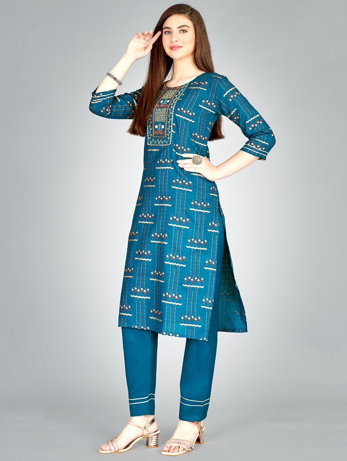 teal cotton blend kurta pant set - 20511296 - Standard Image - 1