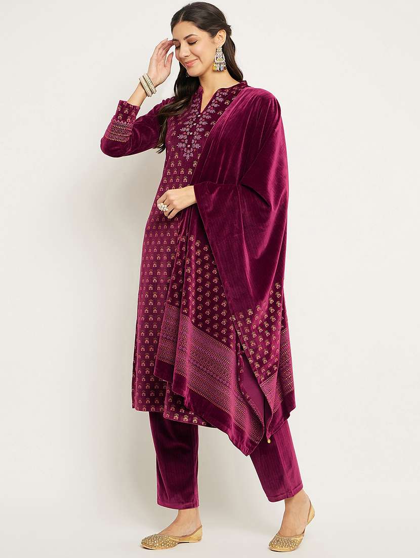 women printed long sleeve woollen suit set - 20511538 - Standard Image - 1