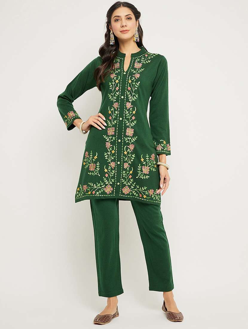women green long sleeve kurta pant set