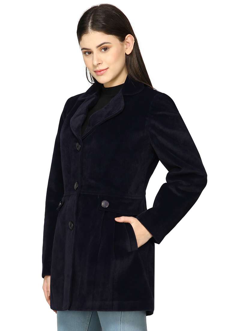 women blue solids lapel neck coat - 20511794 -  Standard Image - 1