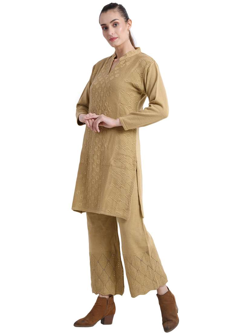 women beige mandarin neck kurta palazzo set - 20511961 - Standard Image - 1
