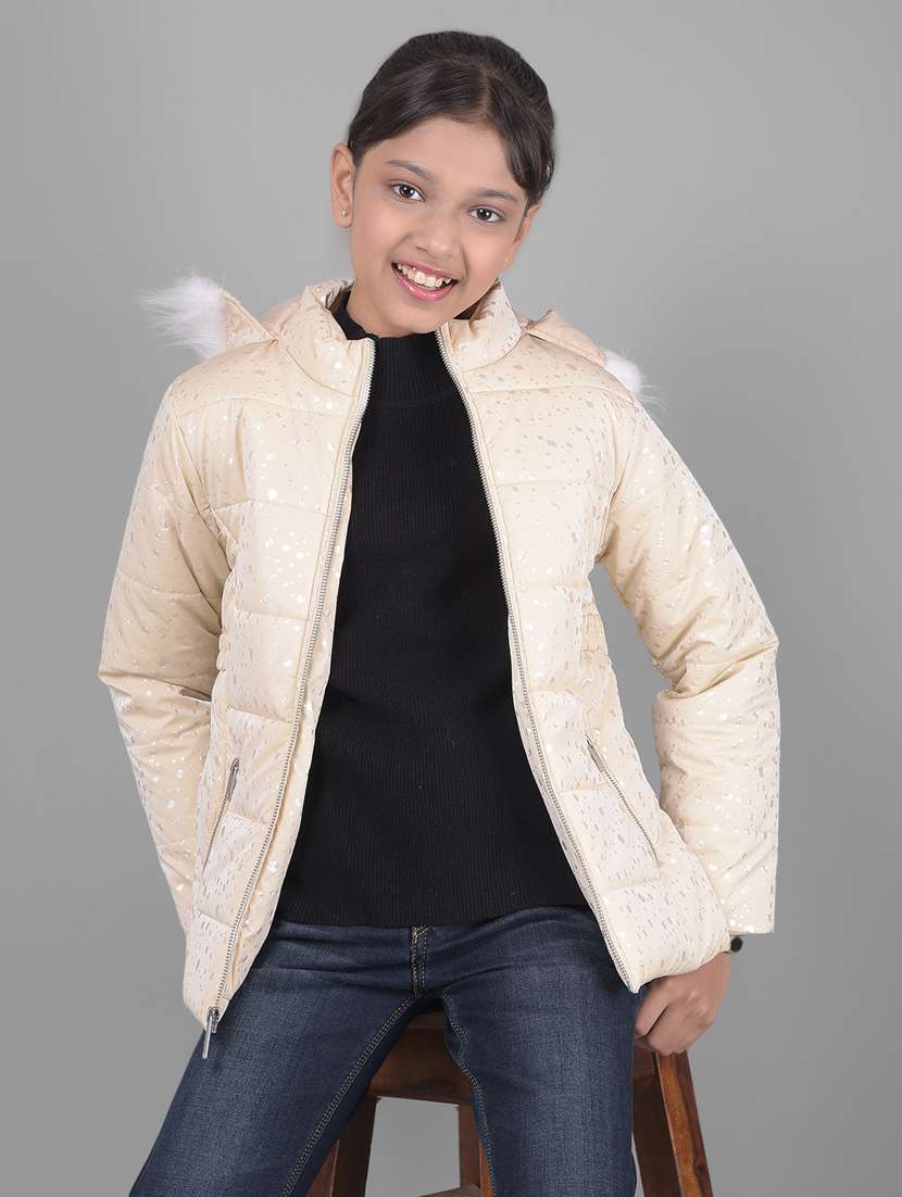 girls beige printed hooded neck jacket