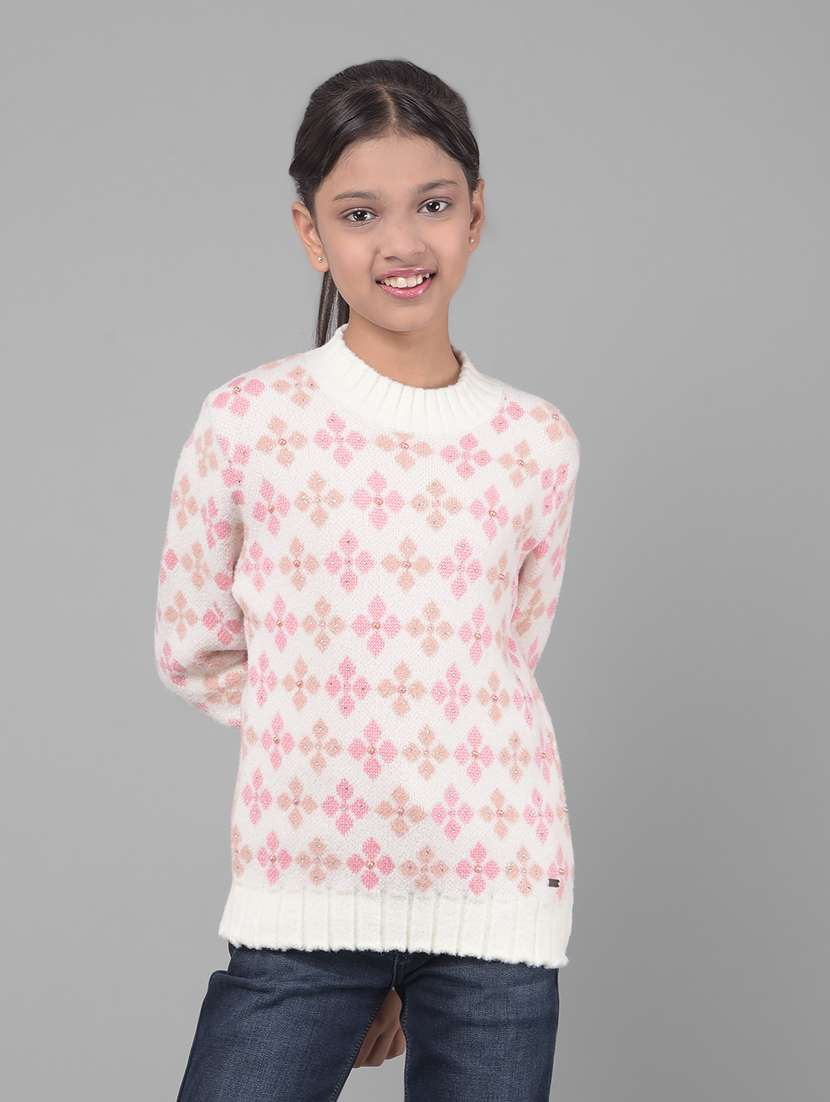girls white self-designed regular sweater - 20512598 - Standard Image - 1