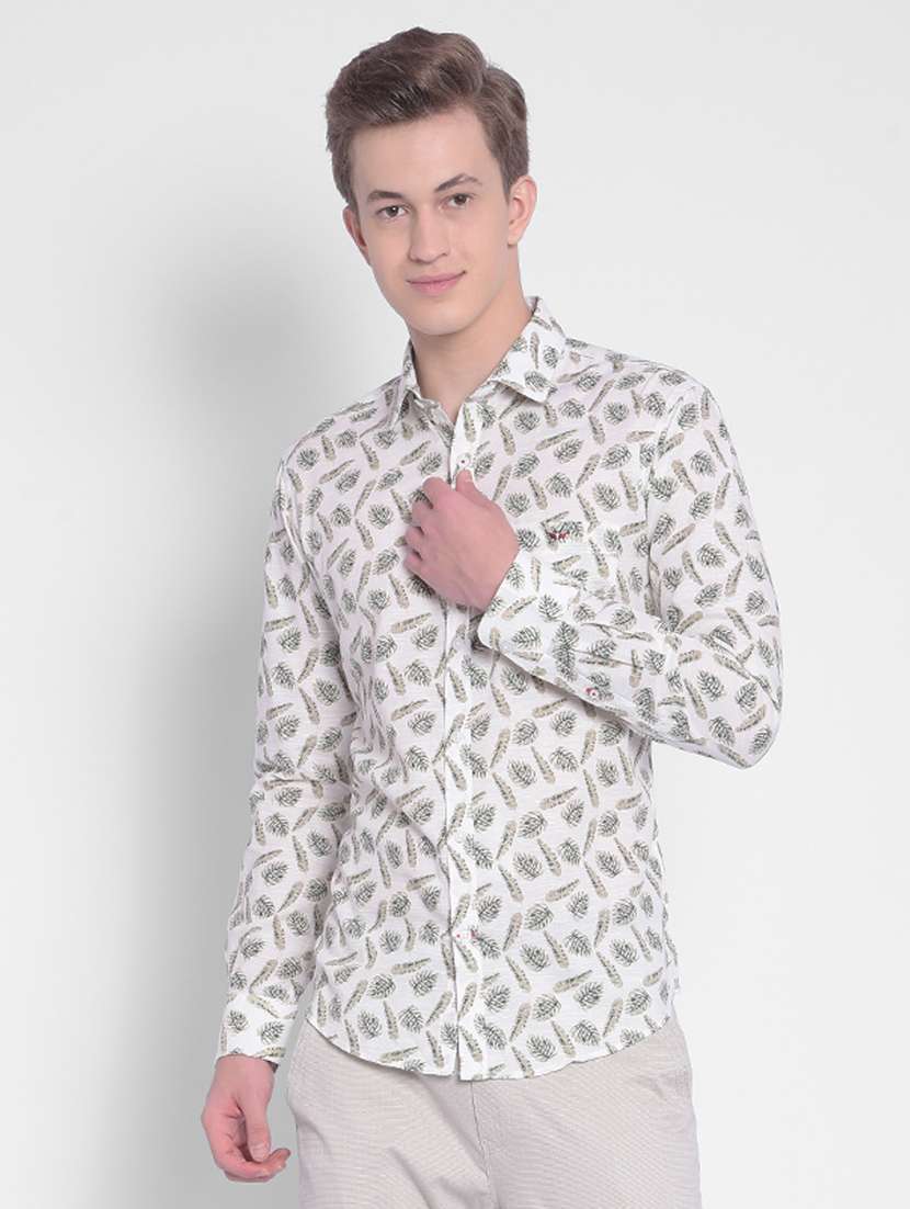 men leafy print off white cotton casual shirt