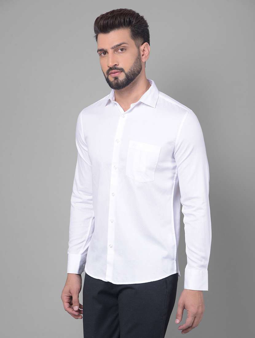 men solid white cotton slim fit casual shirt
