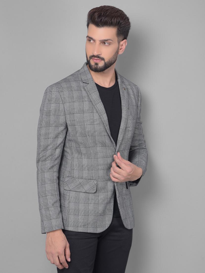 men checkered grey polyester single breasted casual blazer - 20512637 - Standard Image - 1