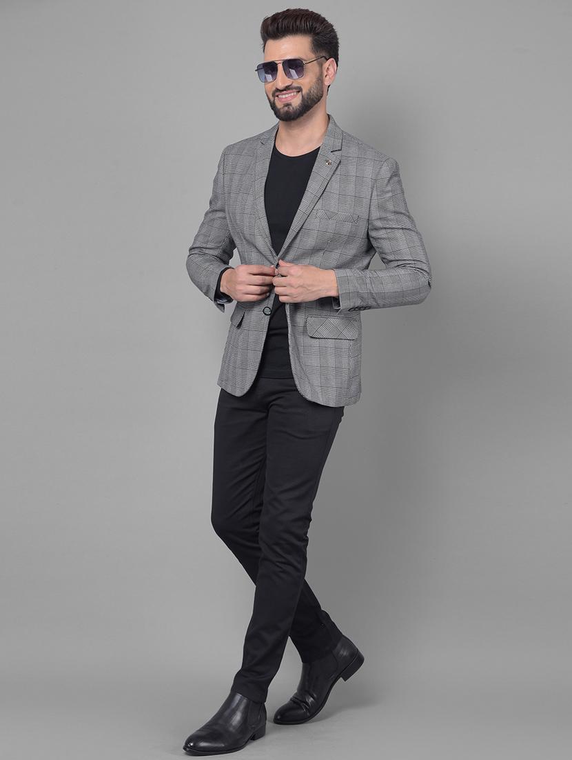 men checkered grey polyester single breasted casual blazer - 20512637 - Standard Image - 4