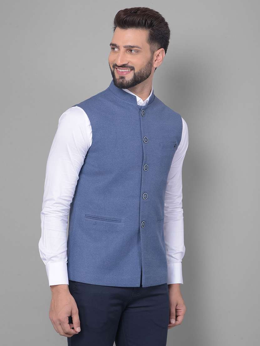 men solid blue classic waist coat - 20512702 -  Standard Image - 1