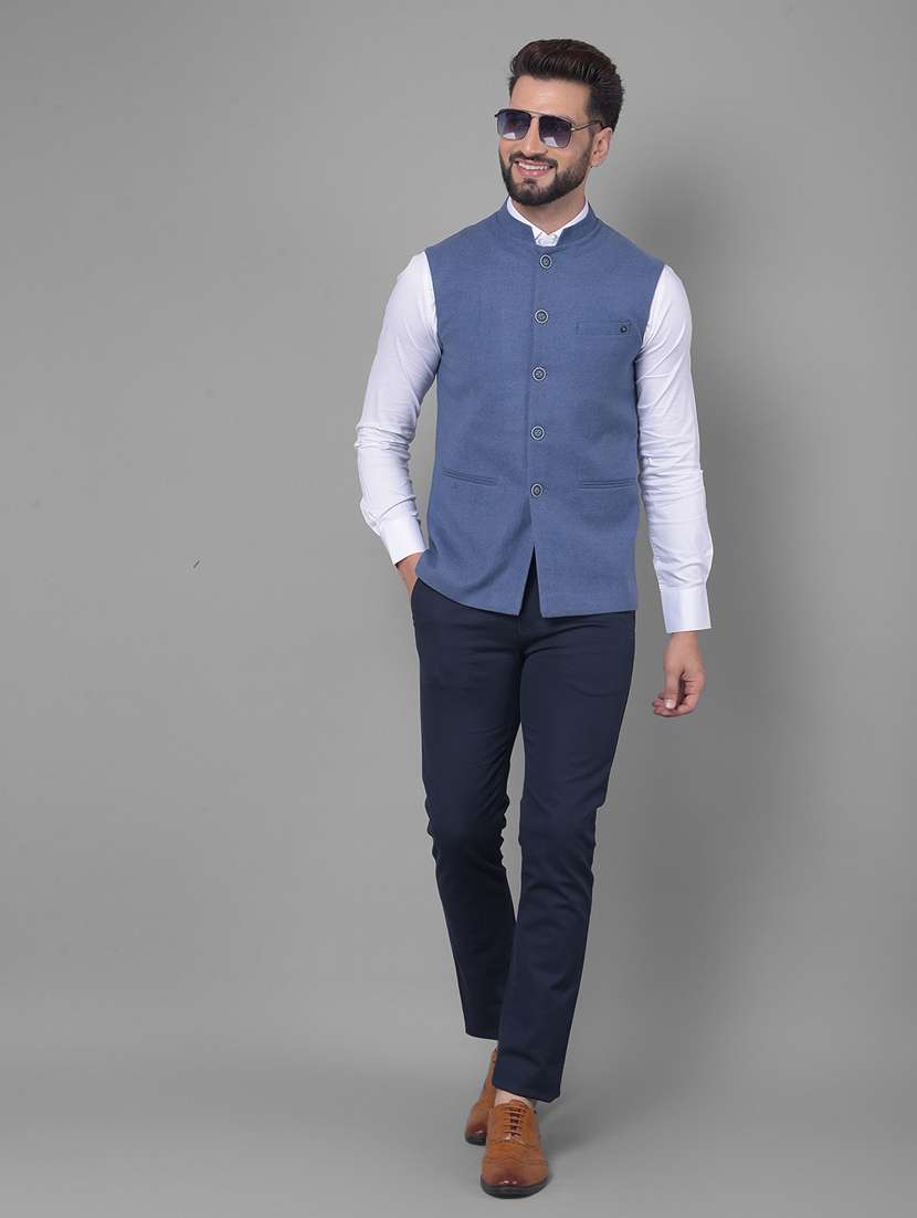 men solid blue classic waist coat - 20512702 -  Standard Image - 4