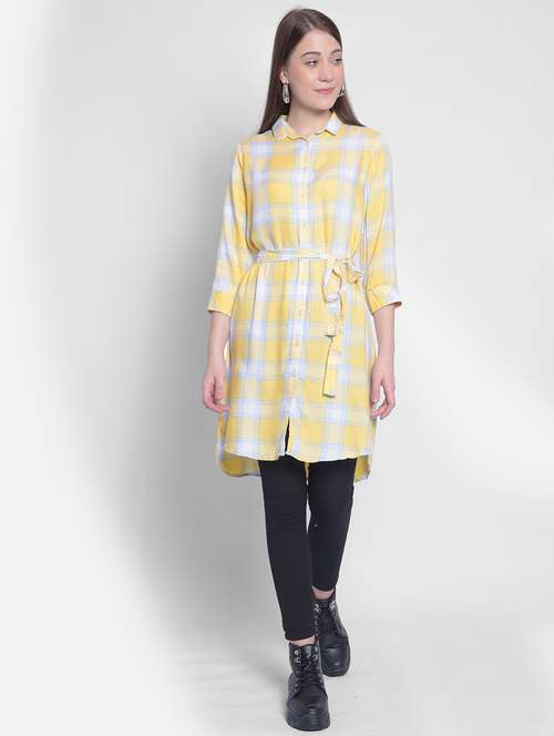 women yellow lyocell checked shirt dress - 20512724 - Standard Image - 0