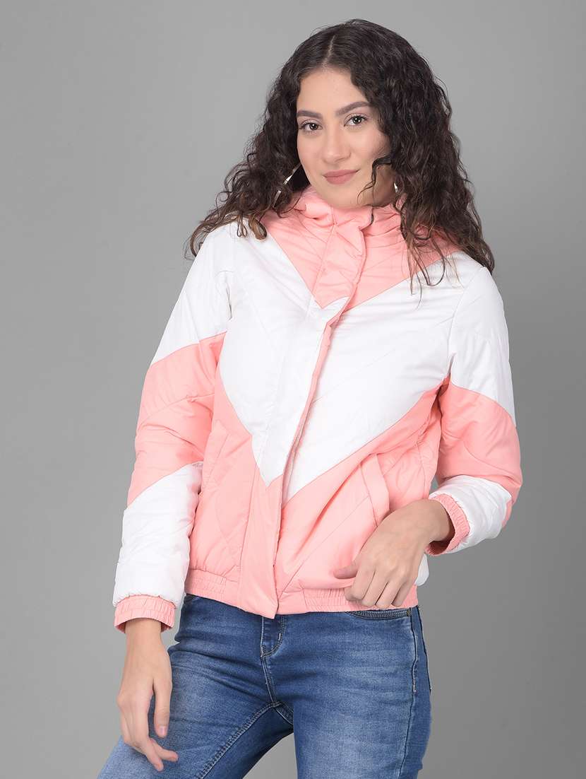 women pink and white color block polyester jacket