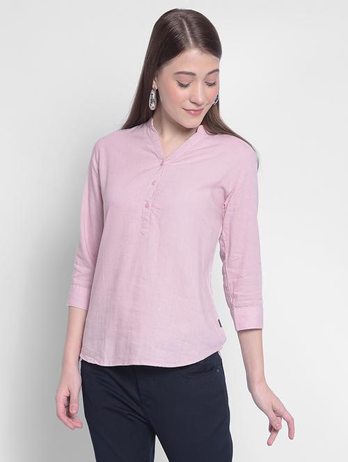 women solid mandrain neck regular top - 20512756 - Standard Image - 0