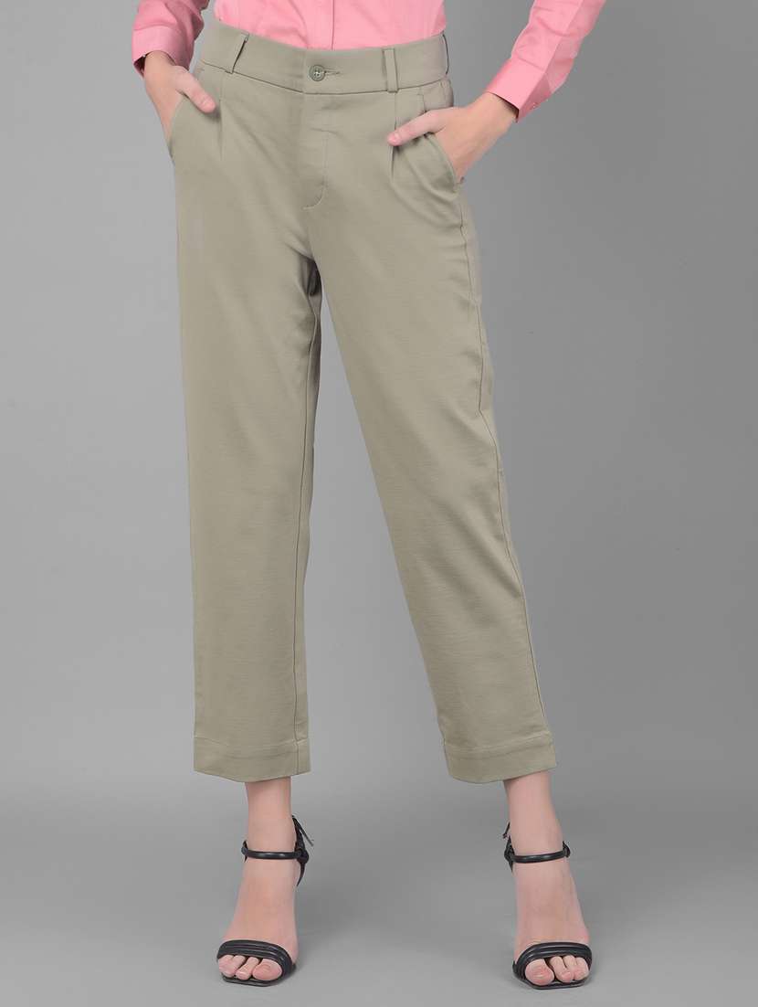 women solid mid rise pleated trouser