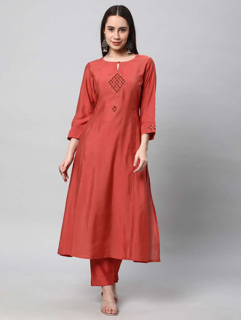 orange three quarter sleeve a-line kurta