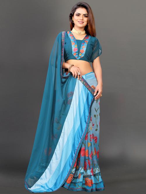 women's floral blue colored saree with blouse - 20512912 - Standard Image - 0