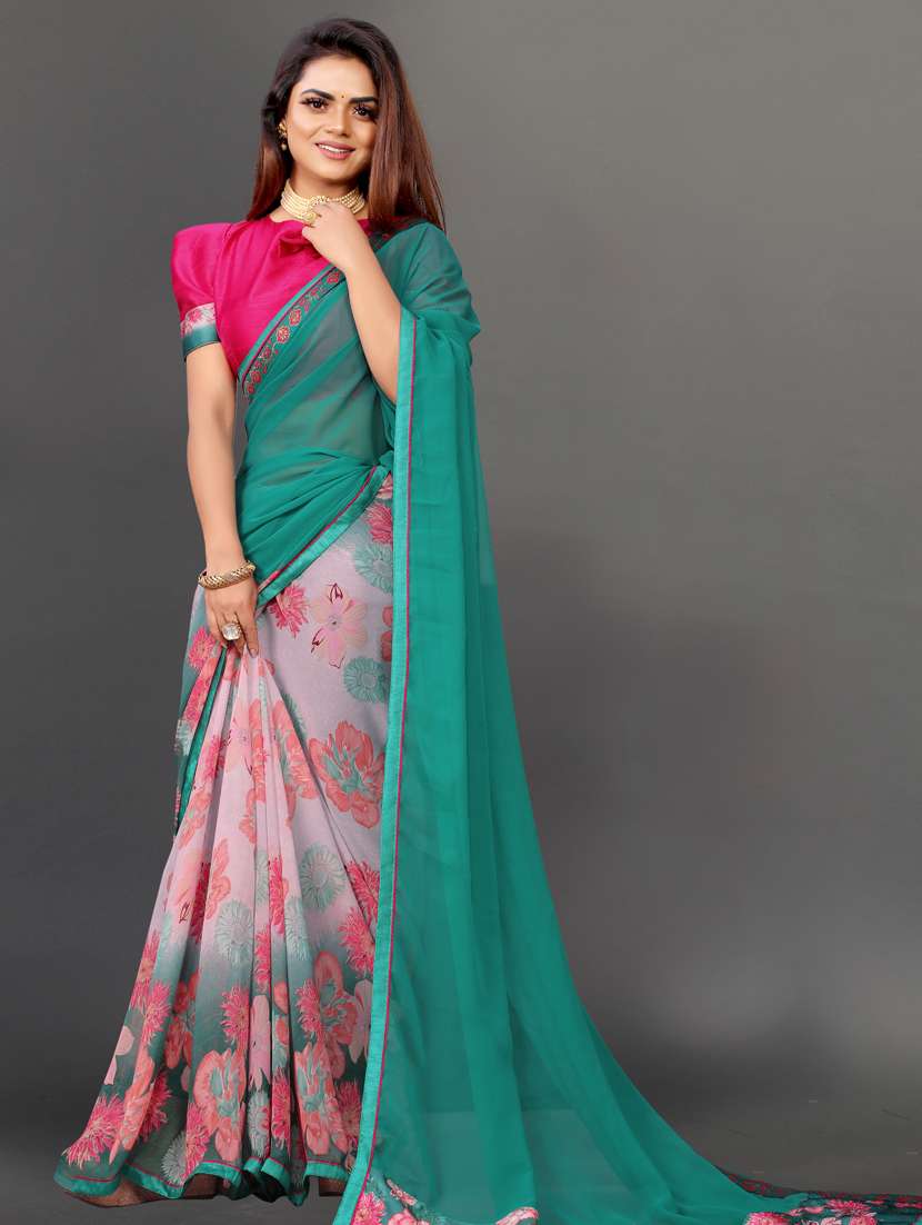 women's floral sea green colored saree with blouse