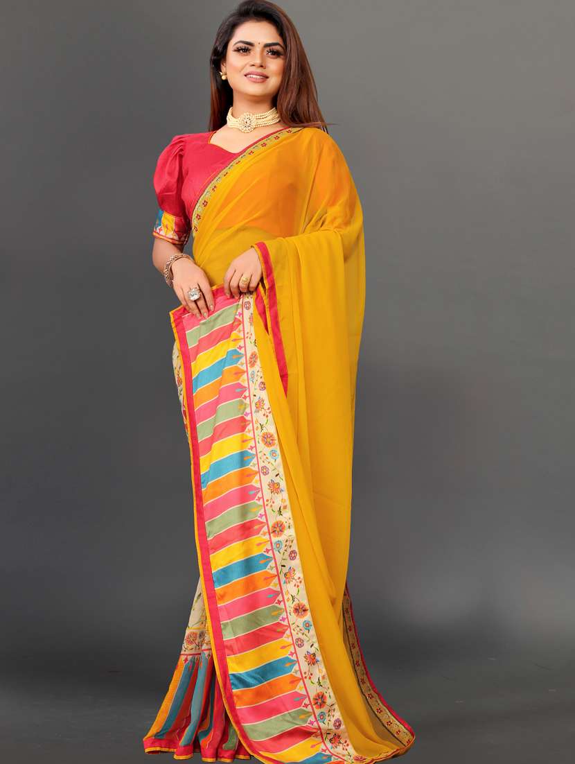 women's bordered orange colored saree with blouse