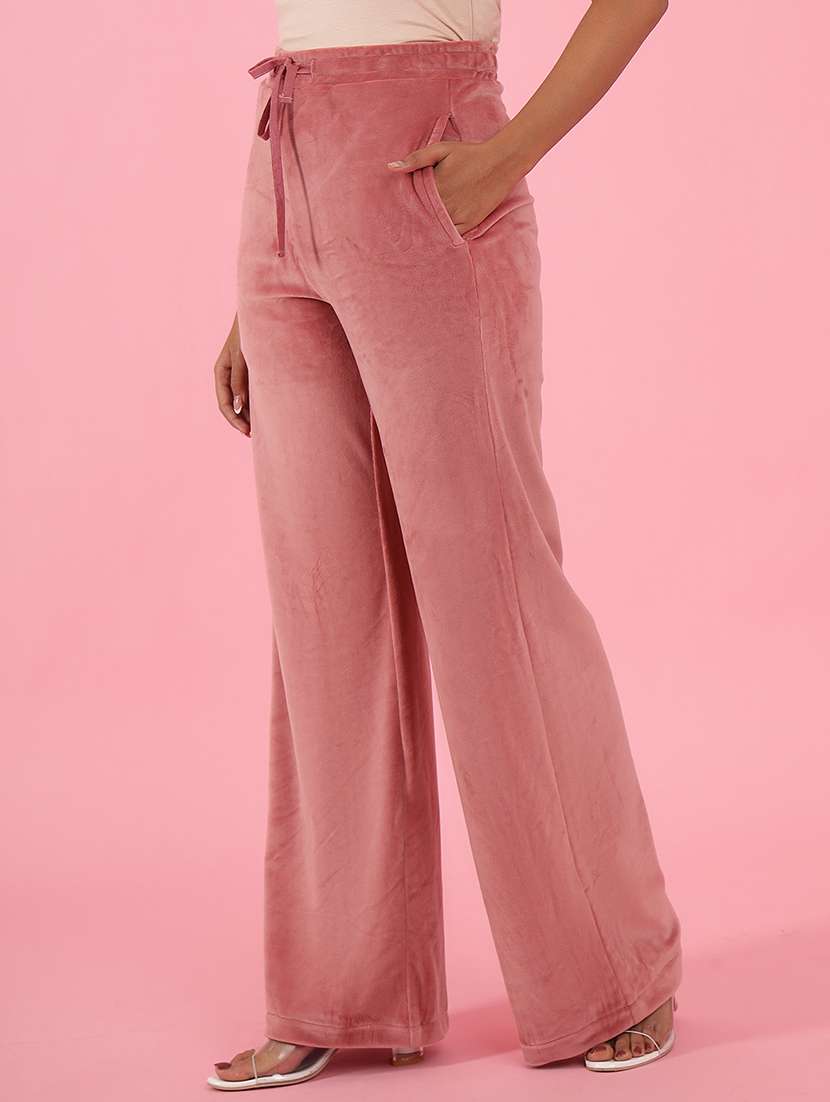 women solid pink velvet relaxed fit trouser - 20516063 -  Standard Image - 1