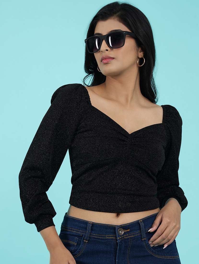 women black solid long sleeve crop top - 20516921 -  Standard Image - 1