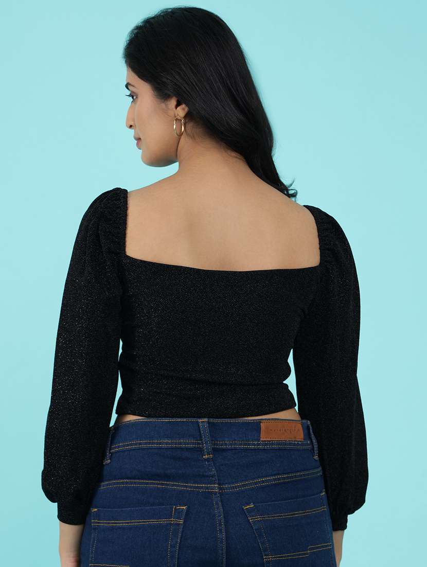 women black solid long sleeve crop top - 20516921 -  Standard Image - 4