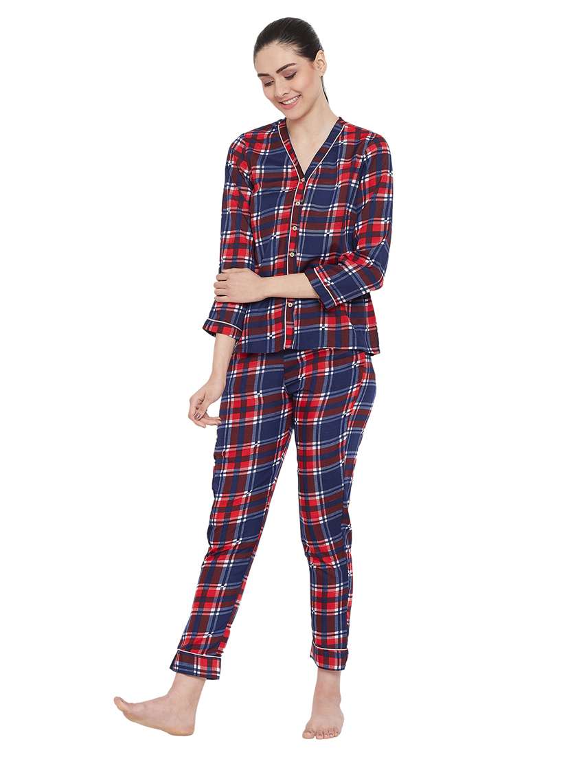 women multi color checkered crepe nightwear set - 20517733 -  Standard Image - 1