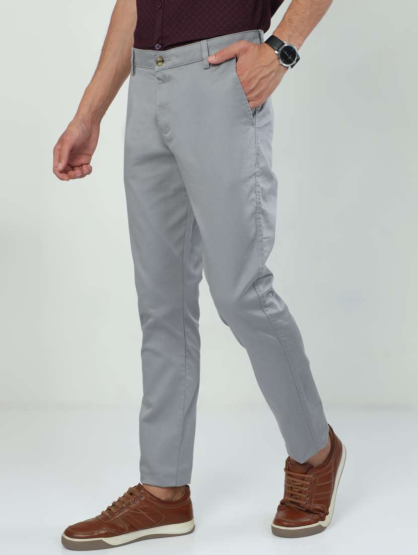 men solid grey cotton slim fit casual trouser - 20519636 -  Standard Image - 1